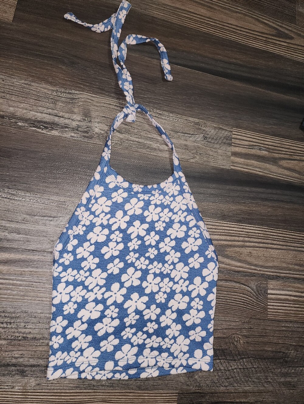 American Eagle Cropped Halter Top XS Blue White Floral Stretch Boho Festival